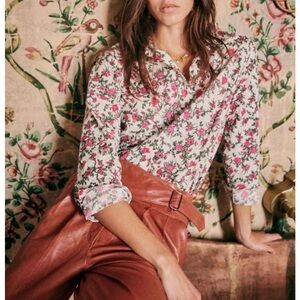 SEZANE Pink White & Green Floral Printed Liberty Rose Button Down Pierro Shirt